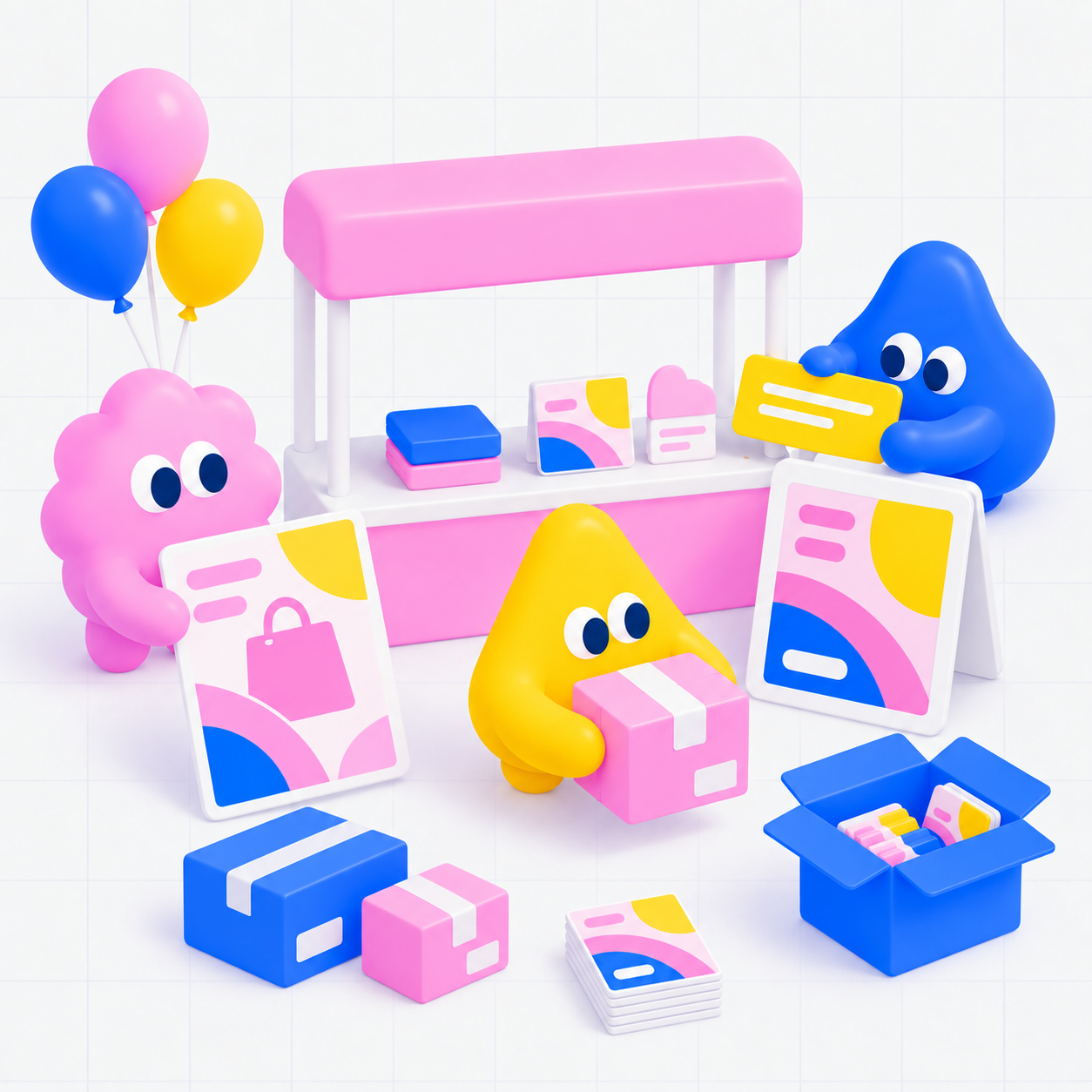 Perf characters running a small-business market stall together