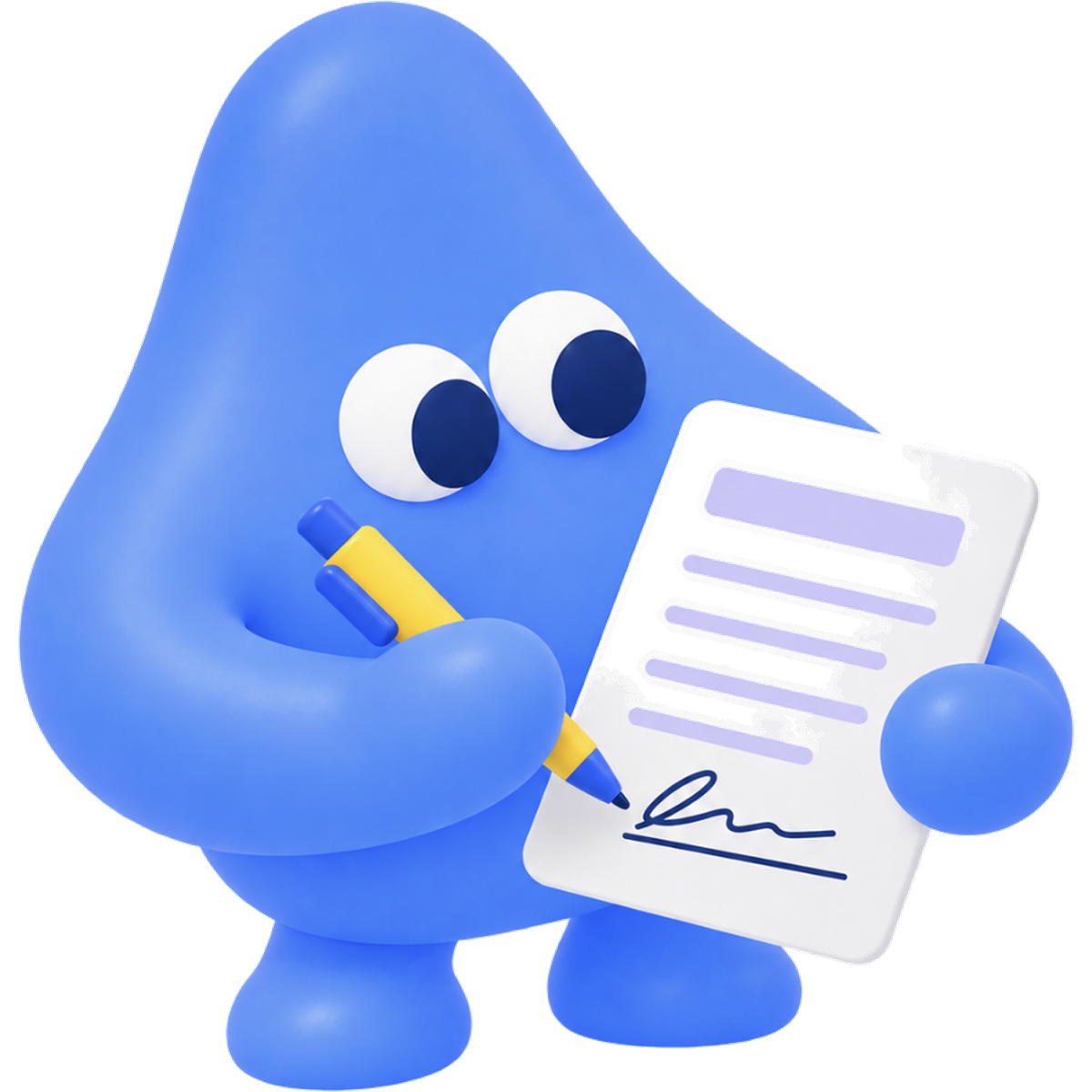 Character signing a document